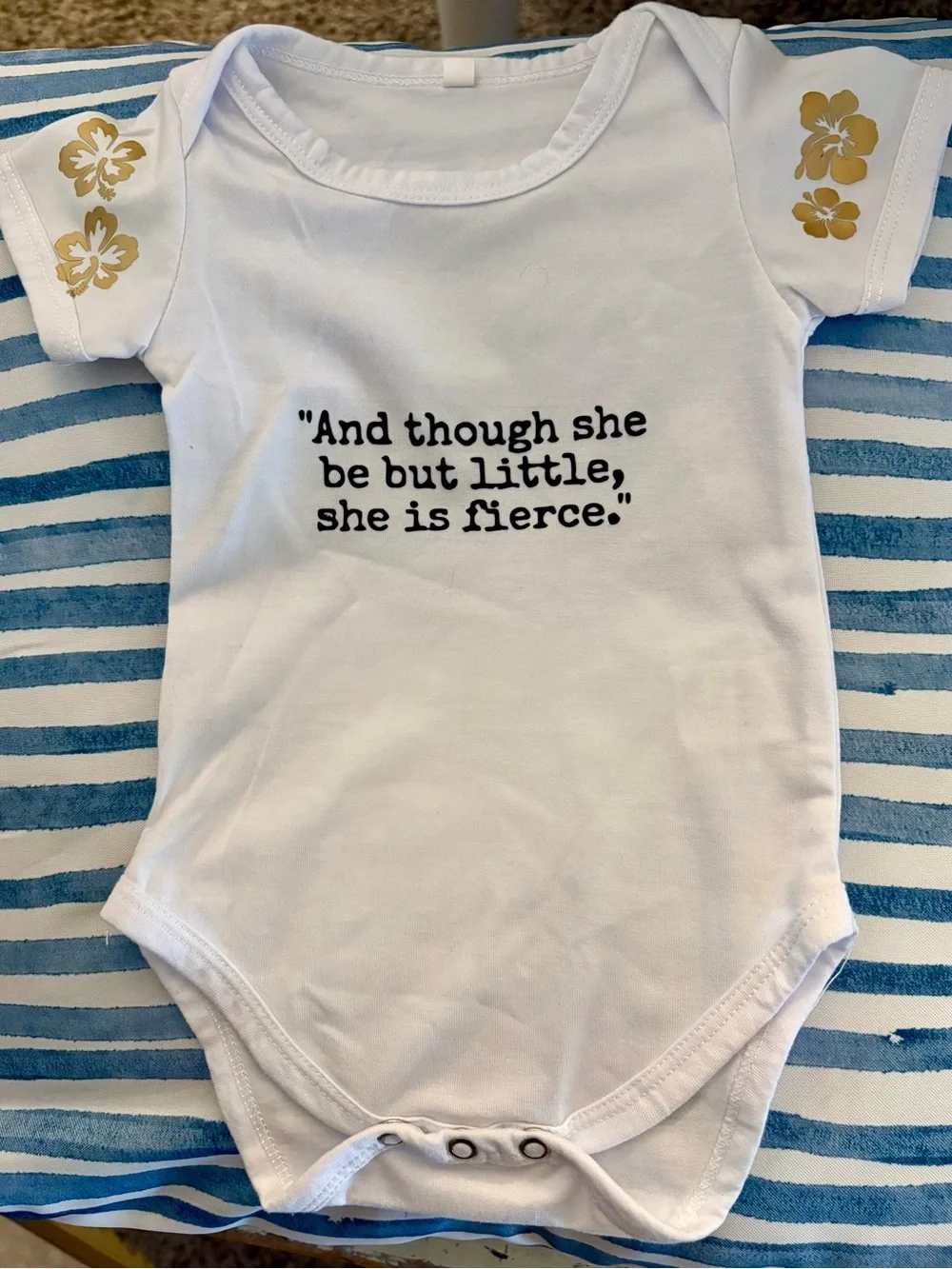 White Baby Bodysuit with Rainbow Quote and Gold Floral Sleeves